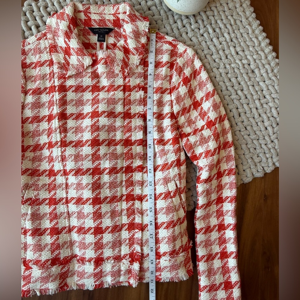 Ann Taylor | Houndstooth Tweed Fringe Full-Zip Blazer Deep Orange/White | MP - Picture 12 of 16